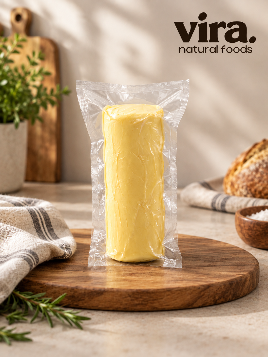 Trabzon Butter aus Kuhmilch 800g im Vakuumpack auf Holzbrett mit Brot im Hintergrund