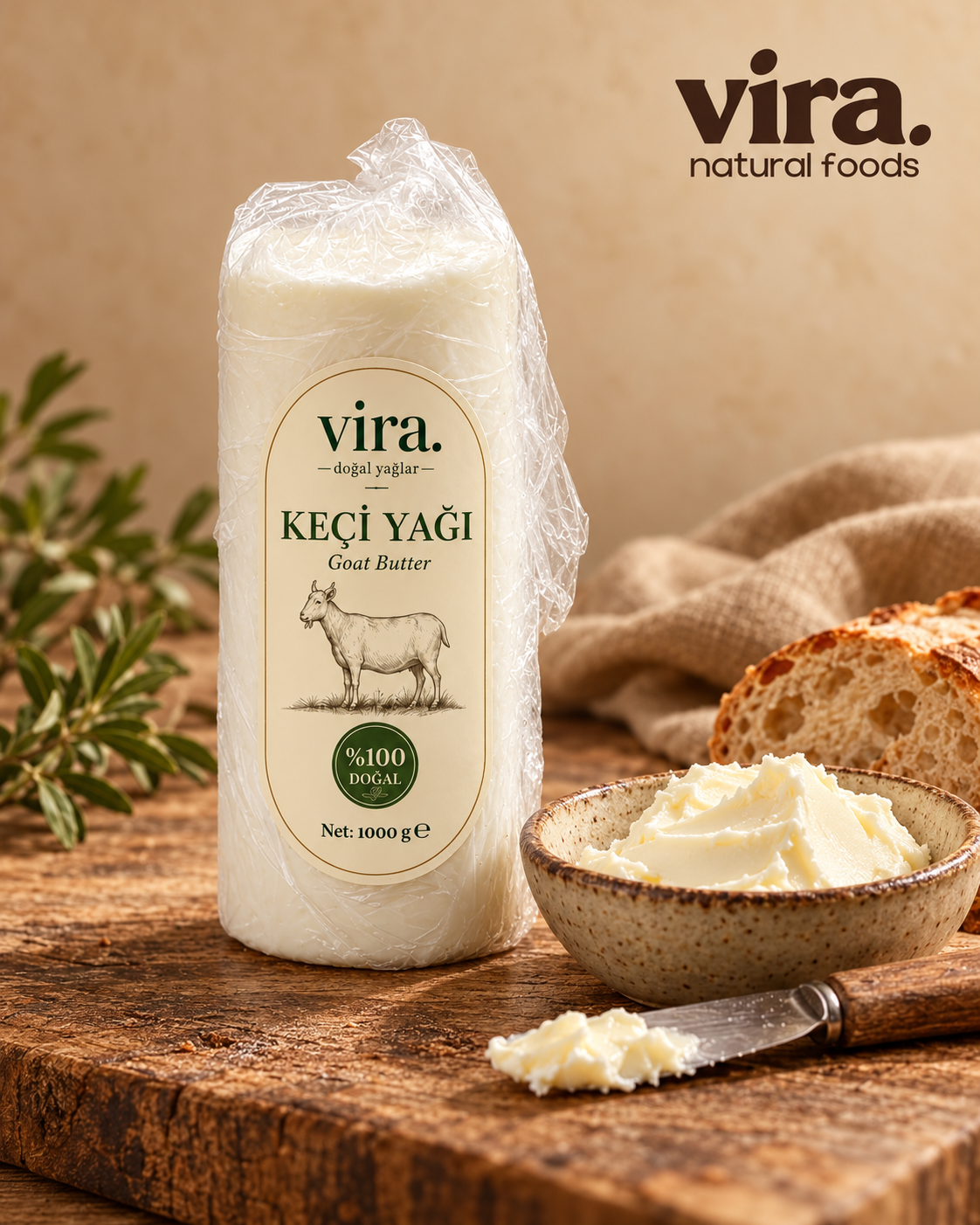 vira. Ziegenbutter ungesalzen 1000g aus 100 % Ziegenmilch mit Brot und Butterschale