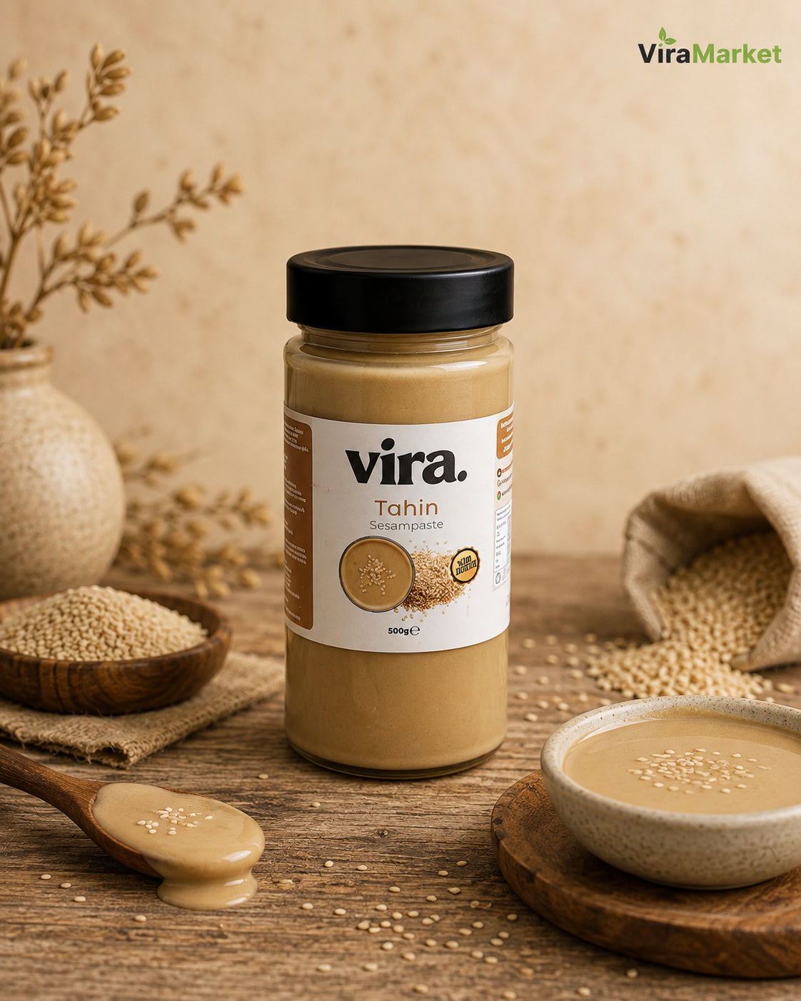 vira. rohe Sesampaste (Tahini) 500g im Glas mit Sesamsamen und Schale Tahini auf Holztisch