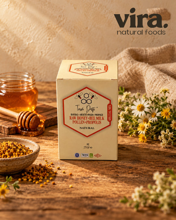 Toros Dağı Rohhonig mit Gelée Royale, Pollen und Propolis 225g Verpackung mit Honigglas und Bienenpollen
