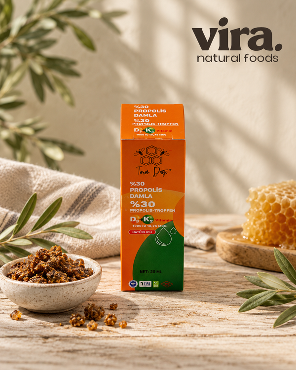 Toros Dağı Propolis Tropfen 30% mit Vitamin D3 + K2, 20 ml Packung neben Propolis und Wabenhonig