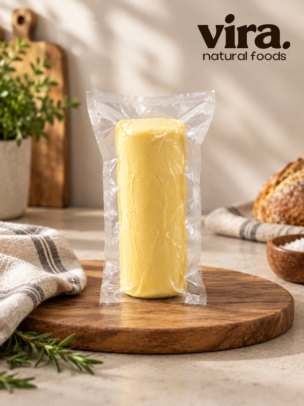 Trabzon Butter aus Kuhmilch 800g im Vakuumpack auf Holzbrett mit Brot im Hintergrund